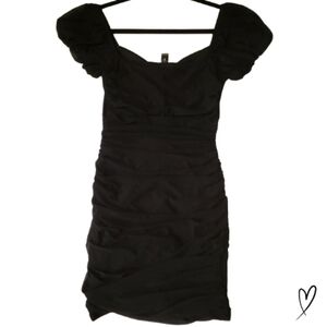 Windsor black Mini dress with ruched sides and sheer sleeves size S/M New!